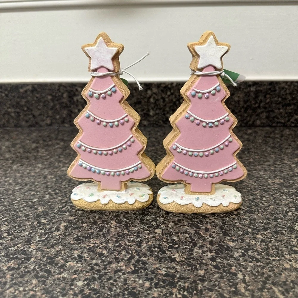 Christmas Gingerbread Pastel Pink Resin Tabletop Tree Decor Set